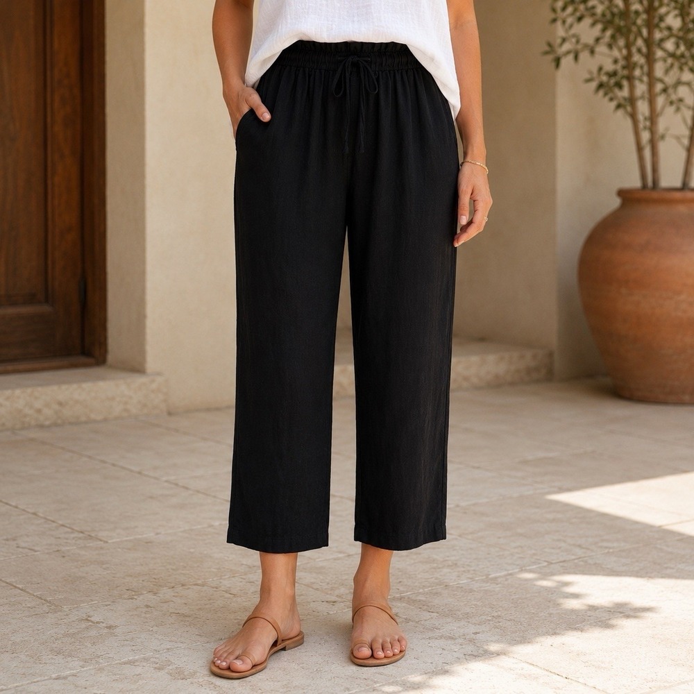 Hatch Linen Blend Black Pull on Crop Pants Maternity Minimalist Capsule Chic 0